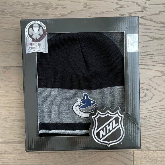 NHL Vancouver Canuck Logo Acrylic Knit Toque + Scarf Set (2 pce) Blk Gray OS - Picture 7 of 8